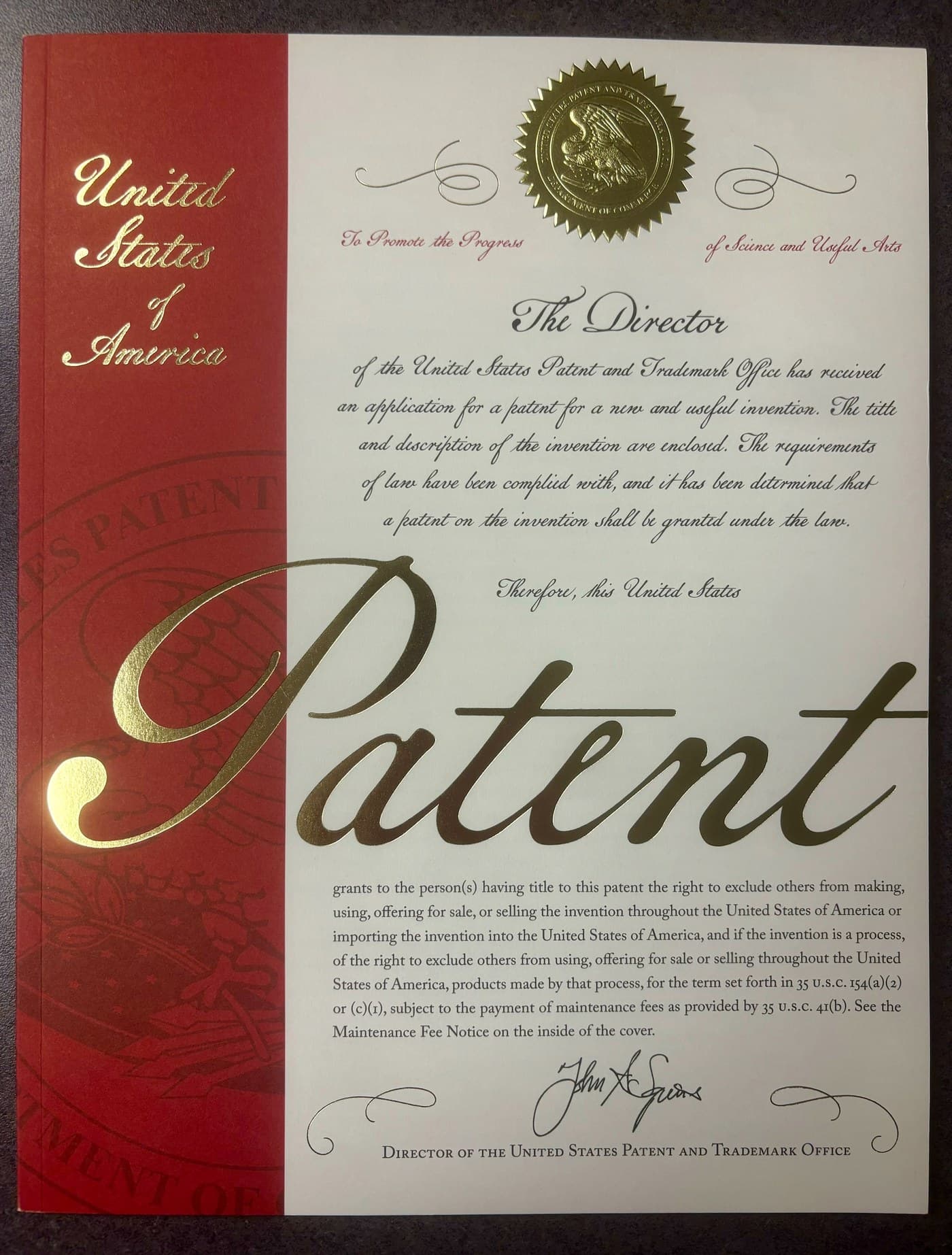 An official United States Patent grant cover with the gold USPTO seal.